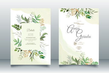 Elegant wedding invitation card with leaves template Premium Vector	
