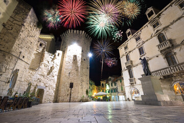 Old town square with fireowkrs at Diocletian's Palace in Split. Croatia - obrazy, fototapety, plakaty