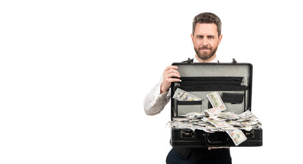 smiling millionaire holding case full of dollar cash isolated on white, copy space, success.