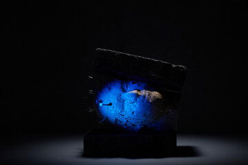 Blue Light on Head Squeezed Between Bricks in Mental Pain Concept