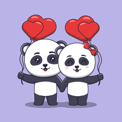Cute Valentine's day panda couple holding heart shaped balloons