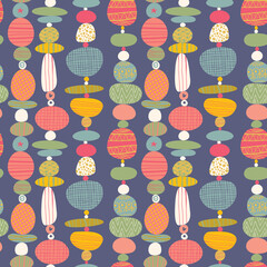 Abstract seamless pattern with colorful pebbles on purple. Bright mosaic terrazzo background. Textile print, vector ethnic texture.