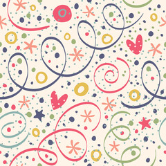 Seamless pattern with serpentine hearts and confetti on a light background. Great for printing, wrapping paper, textiles, valentine's day, mom's day, and more.