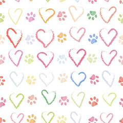 Happy valentine's day doodle heart and paw prints. Kids design pastel seamless fabric pattern