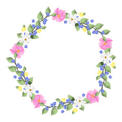 Floral frame and wreath with wild pink flowers and greenery branches. Rustic style. Romantic decor for weddings and invitations. Valentine's Day