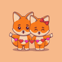 Cute Valentine's day fox couple holding hearts garland