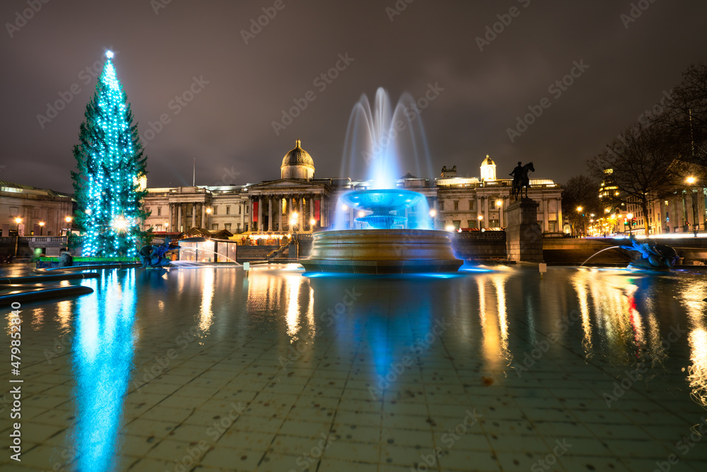 Sticker Trafalgar Square with Christmas tree in London. England 