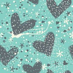Cute pattern with hearts in blue tones. Vintage design concept for trendy print.
