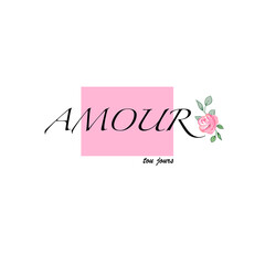 AMOUR, slogan with pink roses illustration t-shirt print design element