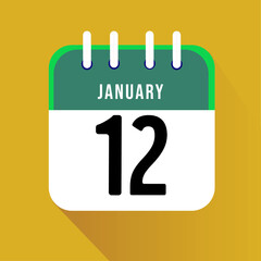 January day 12. Number twelve on a white paper with green border on a yellow background calendar sheet. Vector illustration.