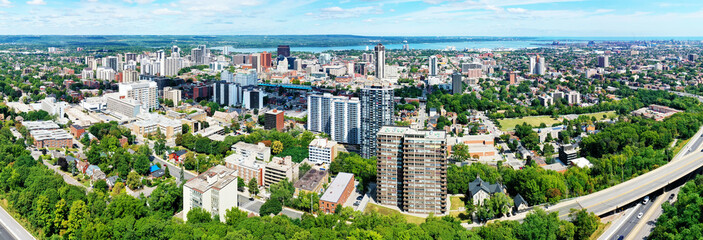 Aerial panorama scene of Hamilton, Ontario, Canada downtown in late summer