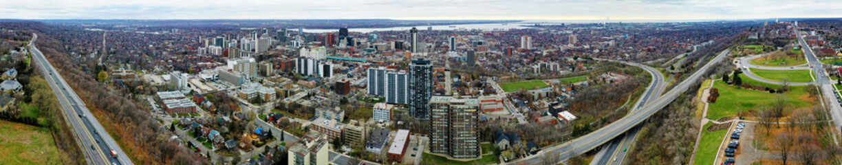 Fototapeta na wymiar Aerial panorama view of Hamilton, Ontario, Canada downtown in late autumn