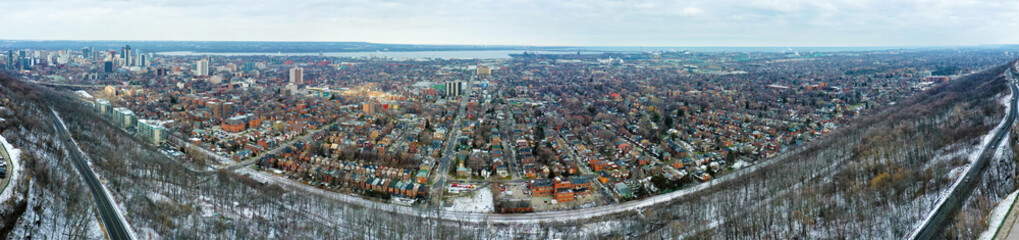 Fototapeta na wymiar Aerial panorama scene of Hamilton, Ontario, Canada downtown in early winter
