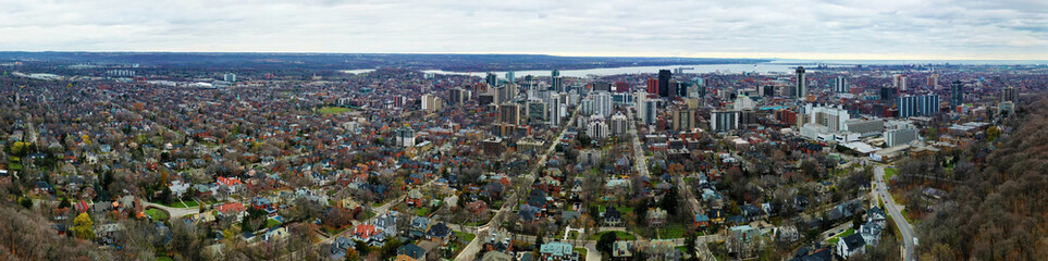 Fototapeta premium Aerial panorama scene of Hamilton, Ontario, Canada downtown in late autumn