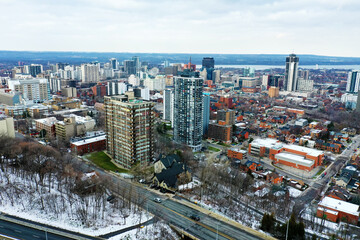 Fototapeta na wymiar Aerial of Hamilton, Ontario, Canada downtown in early winter