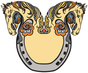 horseshoe and heads of two horses. Floral style decor, emblem, a symbol of luck and fortune. Vector illustration