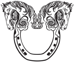 horseshoe and heads of two horses. Floral style decor, emblem, a symbol of luck and fortune. Black and white vector illustration