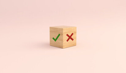 Yes or No on wood block on pink background. True and false symbols accept or rejected for...
