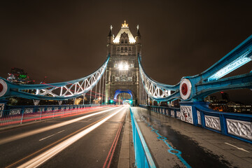 Fototapeta na wymiar Tower Bridge with evening traffic lights in London. England 