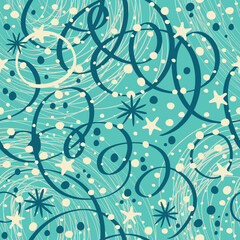 Seamless pattern with serpentine, snowflakes and stars on a blue background.