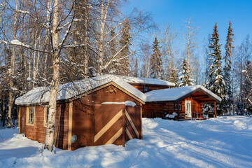 Sunny view of winter landscape, wooden house