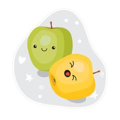 Kawaii cute fruit yellow and green apple characters. Character in cartoon style. Ready sticker. Vector illustration, flat style.