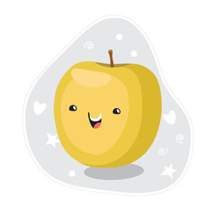 Kawaii cute fruit yellow apple. Smiling character in cartoon style. Funny sticker. Vector illustration, flat style.