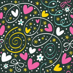 Seamless pattern with serpentine hearts and confetti. Great for printing, wrapping paper, fabrics, covers, flyers, banners, posters and posters.