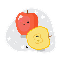 Kawaii cute fruit characters yellow apple and half red apple. Smiling character in cartoon style. Funny sticker. Vector illustration, flat style.