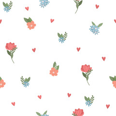 Fototapeta na wymiar Simple seamless pattern with decorative flowers and leaves. Floral tenderness background for textile, fabric manufacturing, wallpaper, covers, surface, print, gift wrap, scrapbooking.