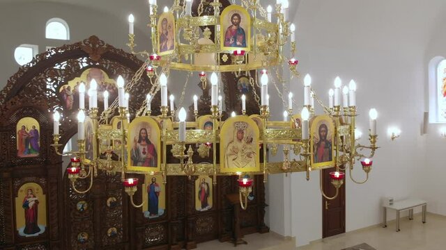 Aerial Drone Flight around Church Lampshade inside Church