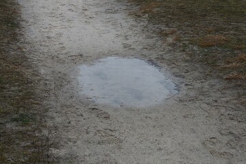 one small puddle of water on the gray earth of the road