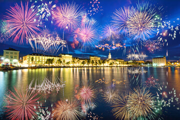 Naklejka premium Riva promenade and Diocletian Palace with fireworks. Split, Croatia