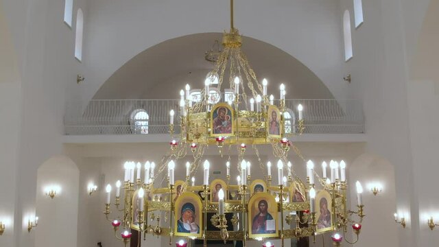 Aerial Drone Flight around Church Lampshade inside Church