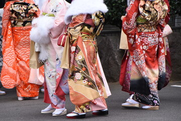 Girls in the coming of age ceremony in kimono. The girls prepare a Kimono known as'Furisode'there coming of ge ceremony. Kimono is a traditional dress in Japan. 