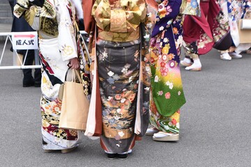 Girls in the coming of age ceremony in kimono. The girls prepare a Kimono known as'Furisode'there...