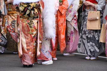 Girls in the coming of age ceremony in kimono. The girls prepare a Kimono known as'Furisode'there coming of ge ceremony. Kimono is a traditional dress in Japan. 