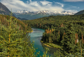 Fototapeta na wymiar The Kenai River on the Kenai Peninsula of Alaska in the summer