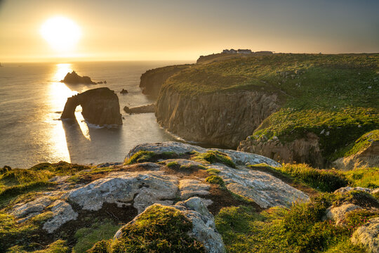 Enys Dodman arch at sunset, Land's End, Cornwall