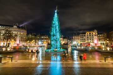 Trafalgar Square with Christmas tree in London England 