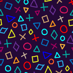 Bright colorful ink contour linear geometric shapes isolated on dark purple background. Cute seamless pattern. Vector simple flat graphic hand drawn illustration. Texture.