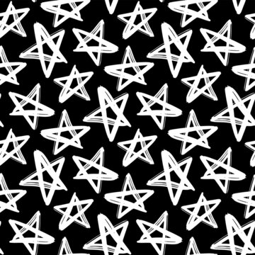 White ink contour linear stars isolated on black background. Cute monochrome geometric star seamless pattern. Vector simple flat graphic hand drawn illustration. Texture.