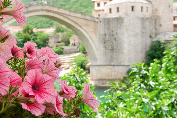 Mostar Bridge and spring flowers - Bosnia and Herzegovina	