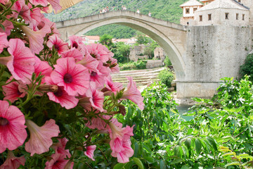 Mostar Bridge and spring flowers - Bosnia and Herzegovina	