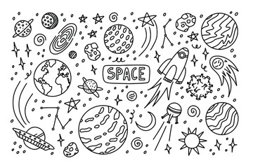Outline doodle space draw elements. Vector line illustration. 