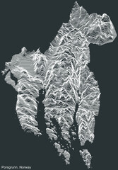 Topographic negative relief map of the city of PORSGRUNN, NORWAY with white contour lines on dark gray background