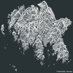 Topographic negative relief map of the city of FREDRIKSTAD, NORWAY with white contour lines on dark gray background - obrazy, fototapety, plakaty