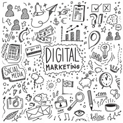 Digital marketing hand drawn vector doodles on white background
