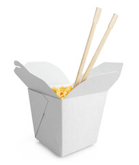 Carton wok box and wooden chopsticks, isolated on white background