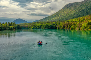 Kenai River on the Kenai Peninsula Alaska in the summer, rafters go fishing for King Salmon